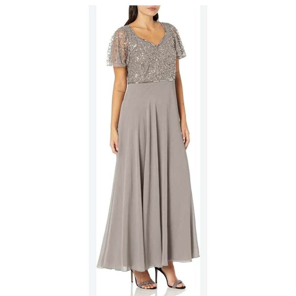 JKara Womens Beaded Flutter Sleeve Maxi Gown Gray Size 8 Elegant Evening Dress